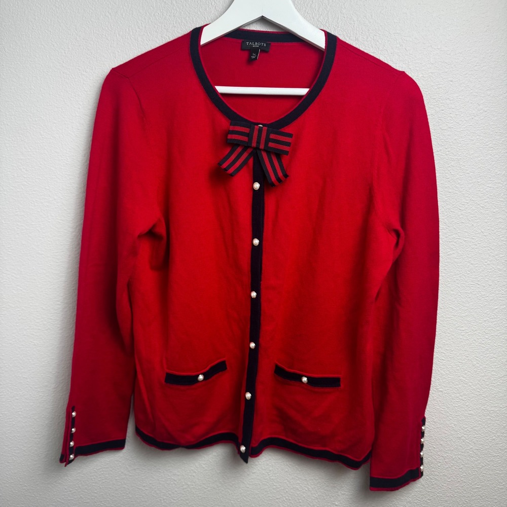 Talbots Charm Cardigan Sweater LP Red Pearl Button Bow Detail Cashmere Blend - Picture 1 of 8